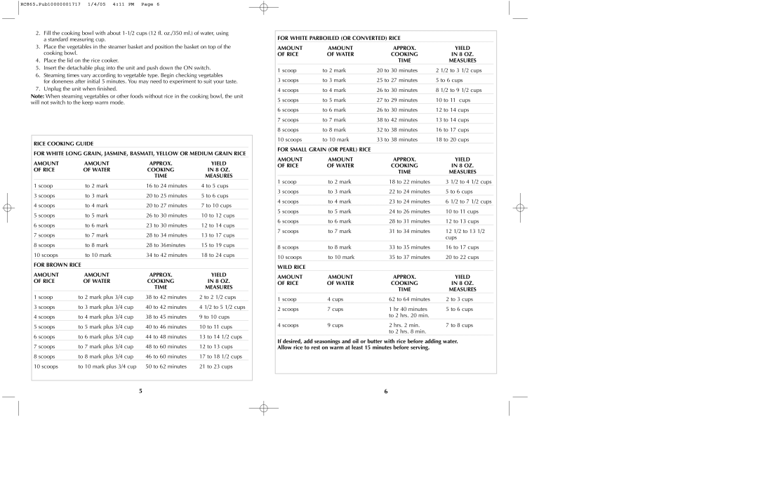 Black & Decker RC865 Yield, Time, For Brown Rice Amount, Rice Water Cooking, For Small Grain or Pearl Rice Amount 