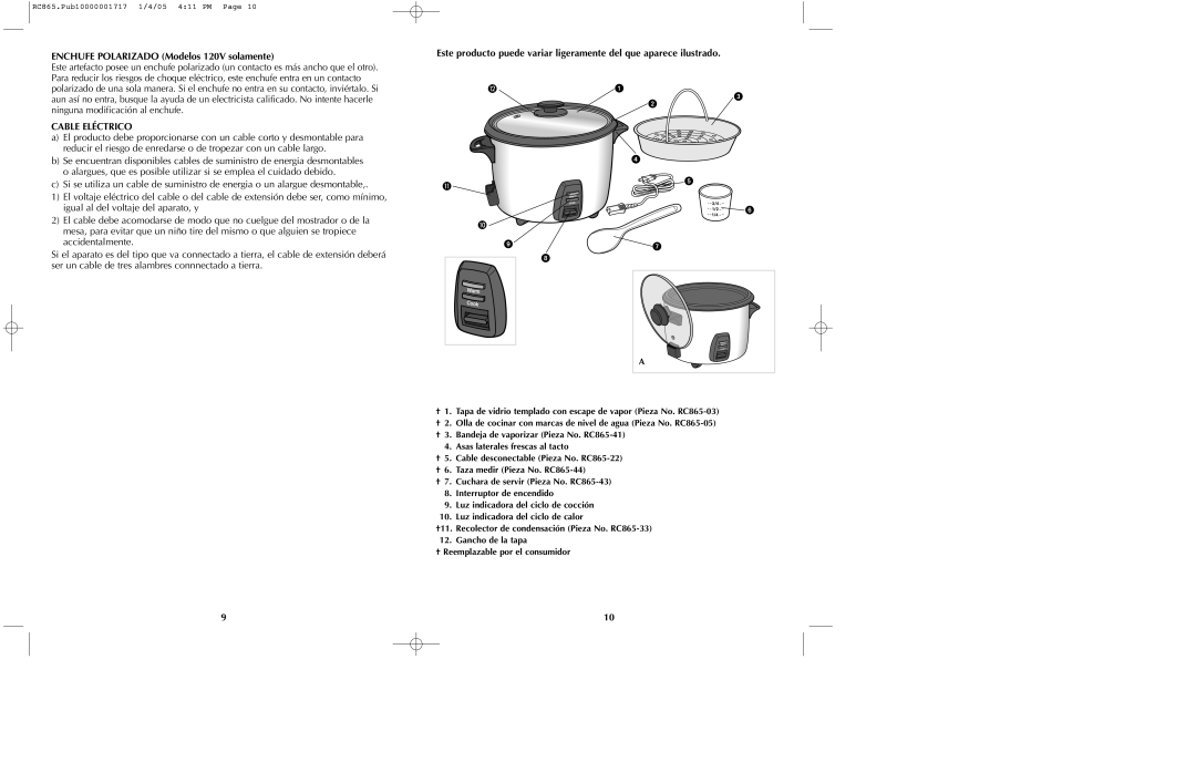 Black & Decker RC865 manual Enchufe Polarizado Modelos 120V solamente, Cable Eléctrico 