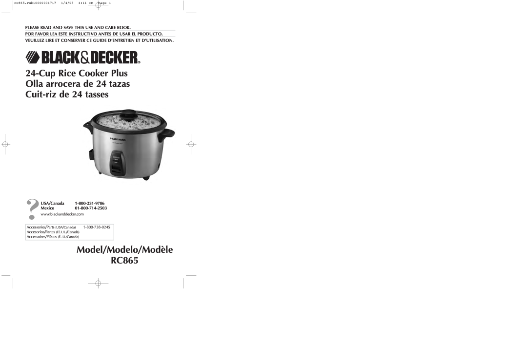 Black & Decker manual Model/Modelo/Modèle RC865, Please Read And Save This Use And Care Book, ?USA/Canada Mexico 