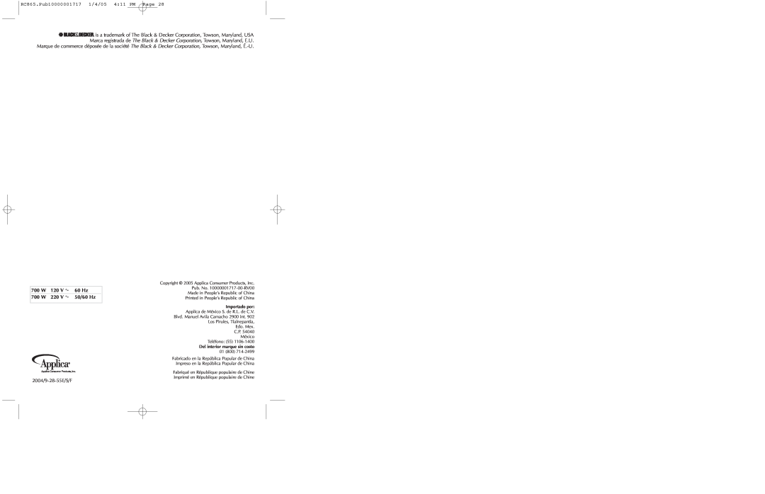 Black & Decker manual RC865.Pub10000001717 1/4/05 411 PM Page, 2004/9-28-55E/S/F 
