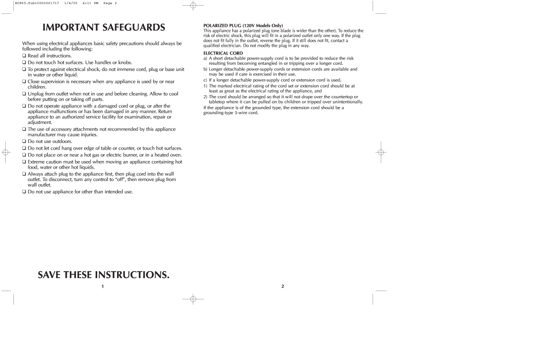 Black & Decker RC865 manual Important Safeguards, Save These Instructions 