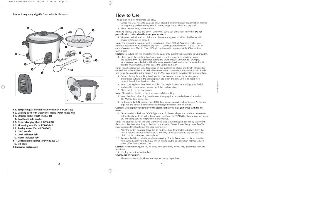 Black & Decker RC865 manual How to Use, Product may vary slightly from what is illustrated 