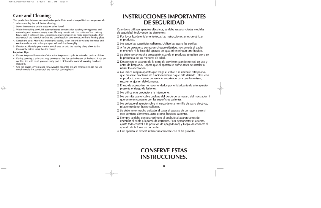Black & Decker RC865 manual Instrucciones Importantes De Seguridad, Conserve Estas Instrucciones, Care and Cleaning 