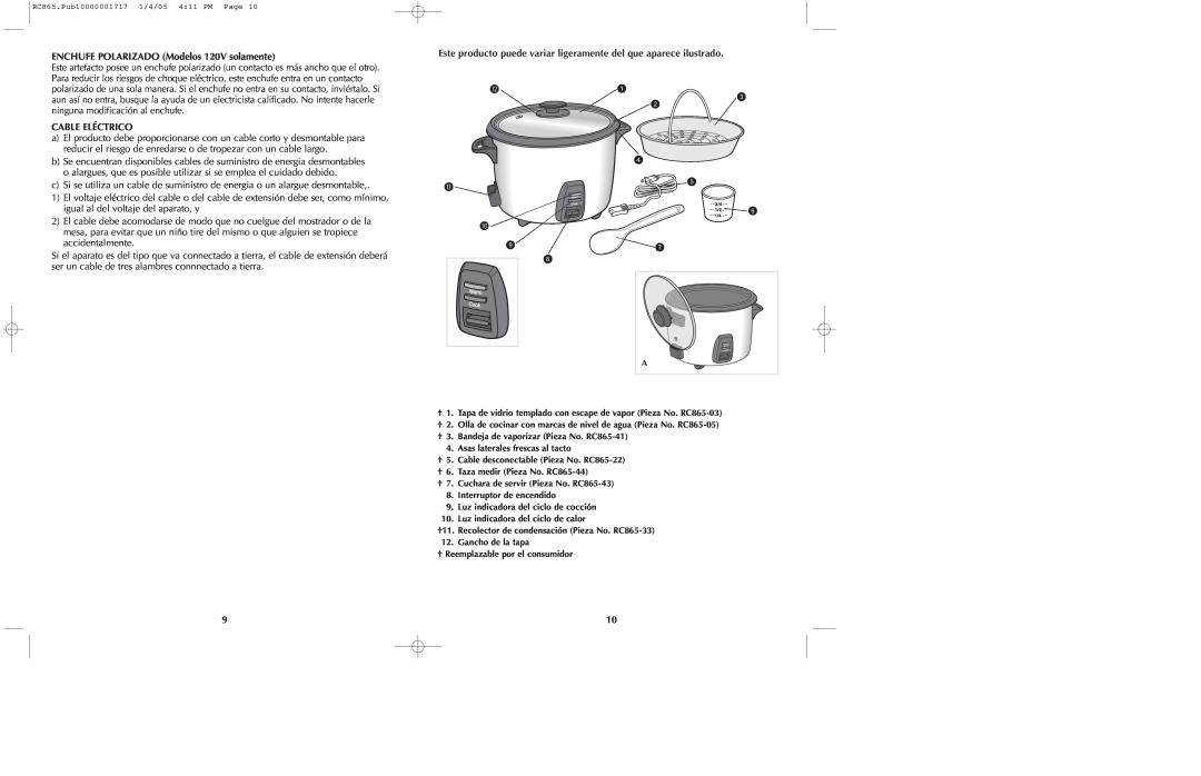 Black & Decker RC865 manual ENCHUFE POLARIZADO Modelos 120V solamente, Cable Eléctrico 