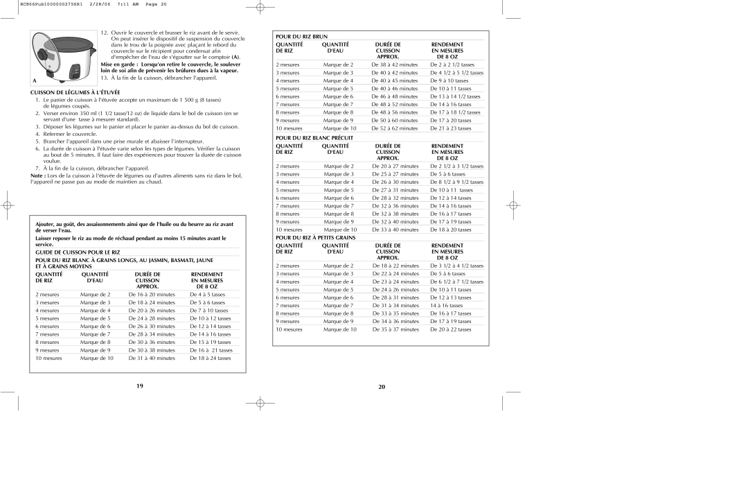 Black & Decker RC866 manual Cuisson DE Légumes À Létuvée, DE RIZ Deau Cuisson, DE 8 OZ 