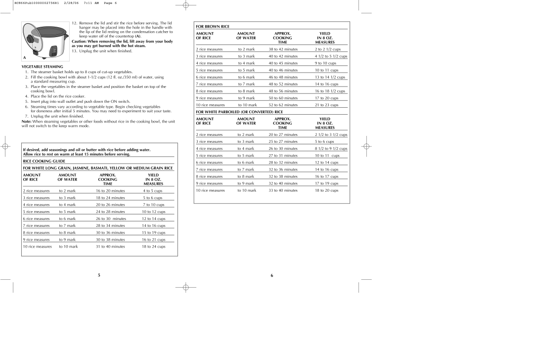 Black & Decker RC866 manual Vegetable Steaming, For Brown Rice Amount, Yield, Time Measures, Rice Water Cooking 