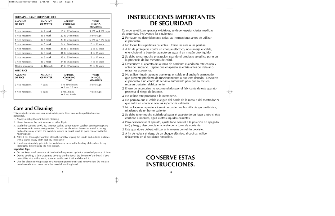 Black & Decker RC866 manual Instrucciones Importantes DE Seguridad, Conserve Estas Instrucciones, Care and Cleaning 