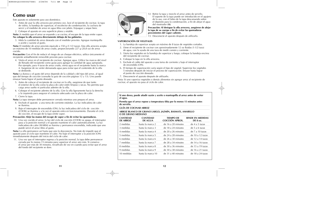 Black & Decker RC866 manual Como usar, Vaporización DE Vegetales, DE 8 oz 