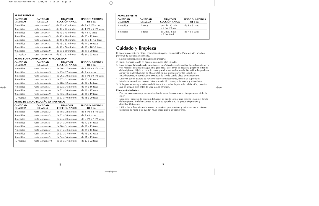 Black & Decker RC866 manual Cuidado y limpieza, Consejos importantes 