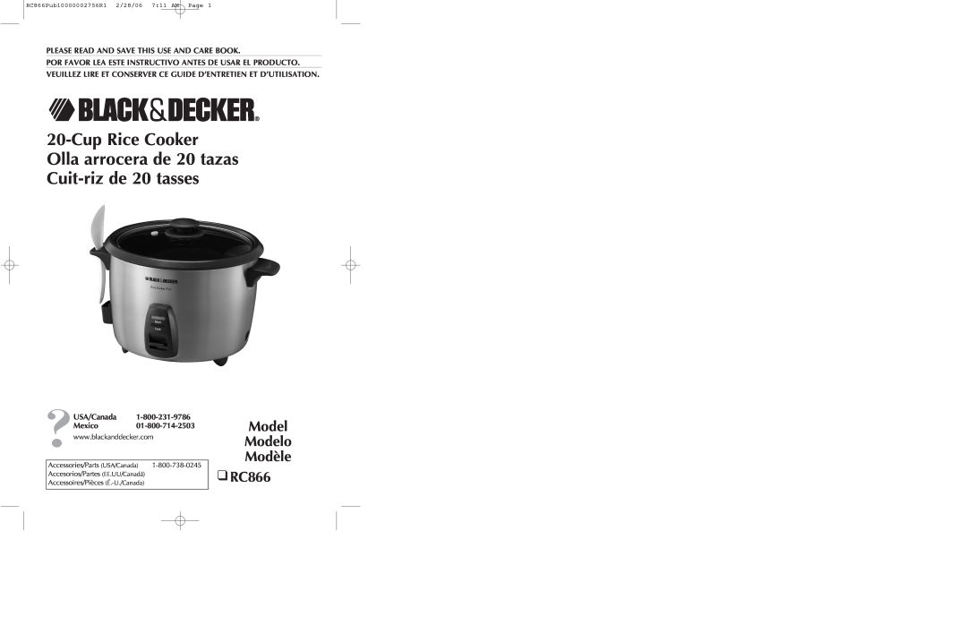 Black & Decker manual CupRice Cooker, Model Modelo Modèle RC866, Olla arrocera de 20 tazas Cuit-rizde 20 tasses 