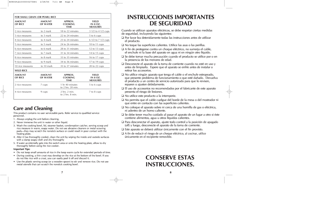 Black & Decker RC866 manual Instrucciones Importantes De Seguridad, Conserve Estas Instrucciones, Care and Cleaning 