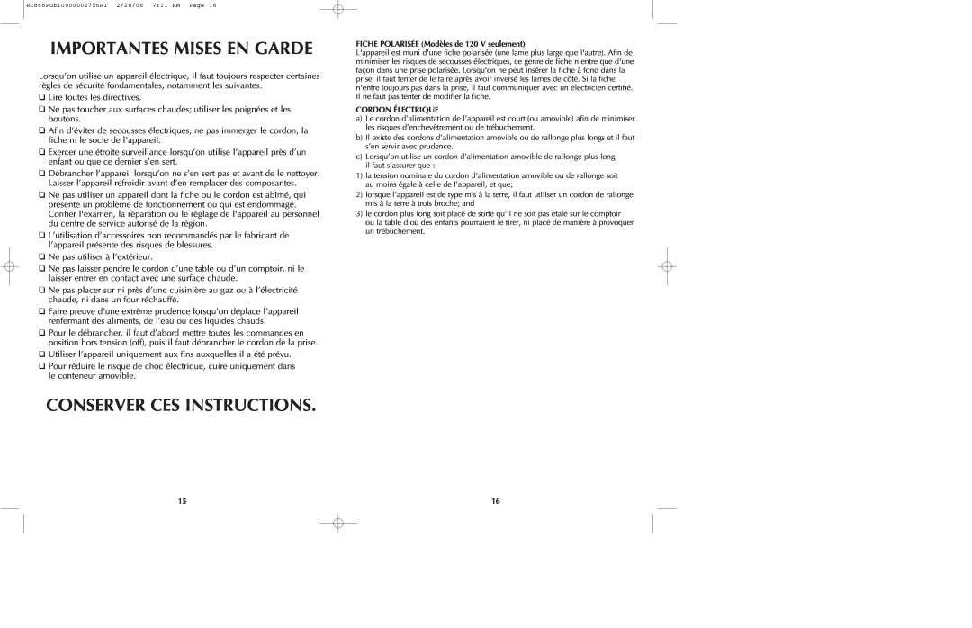 Black & Decker RC866 manual Importantes Mises En Garde, Conserver Ces Instructions 