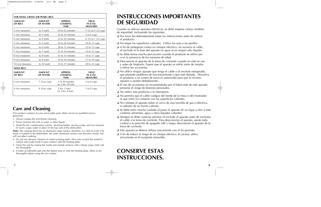 Black & Decker RC880 manual Conserve Estas Instrucciones, Care and Cleaning, For Small Grain or Pearl Rice Amount 