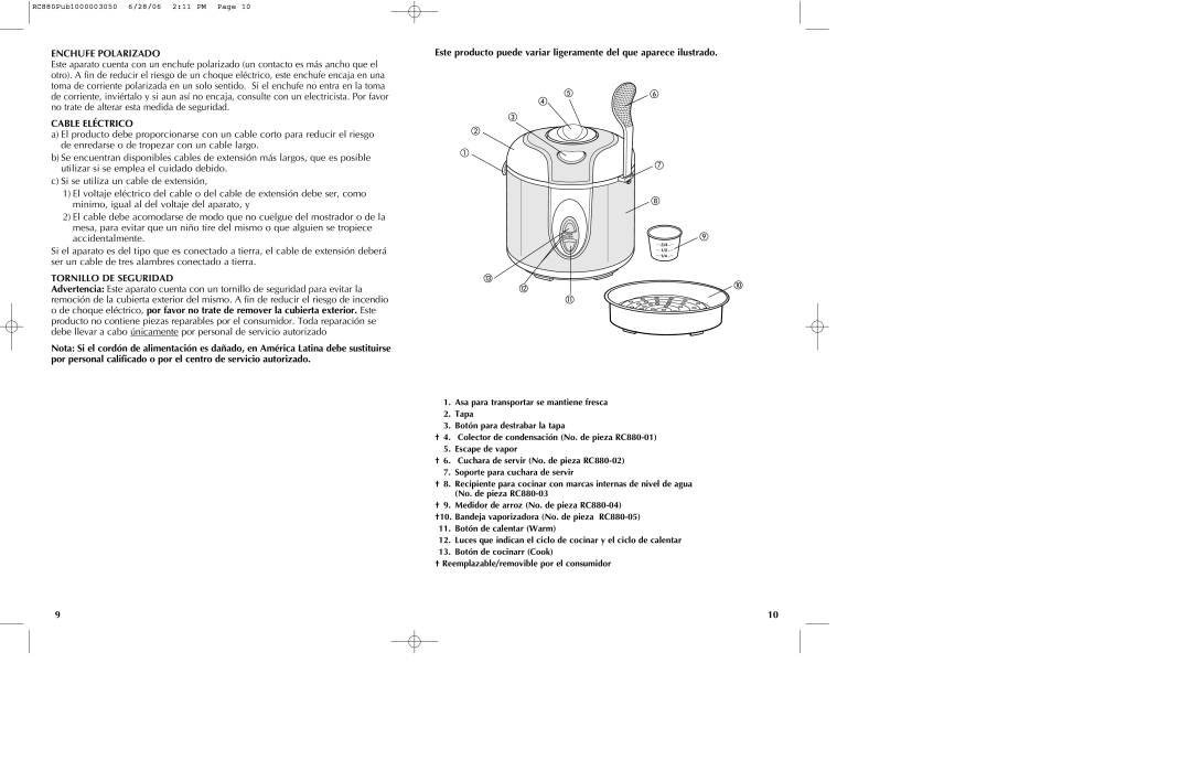 Black & Decker RC880 manual Enchufe Polarizado, Cable Eléctrico 