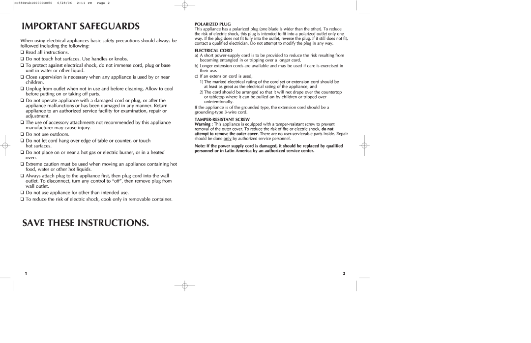 Black & Decker RC880 manual Important Safeguards, Save These Instructions 