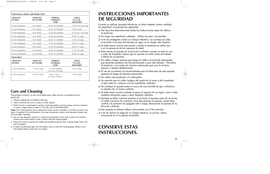 Black & Decker RC880 manual Conserve Estas Instrucciones, Care and Cleaning, Instrucciones Importantes De Seguridad 