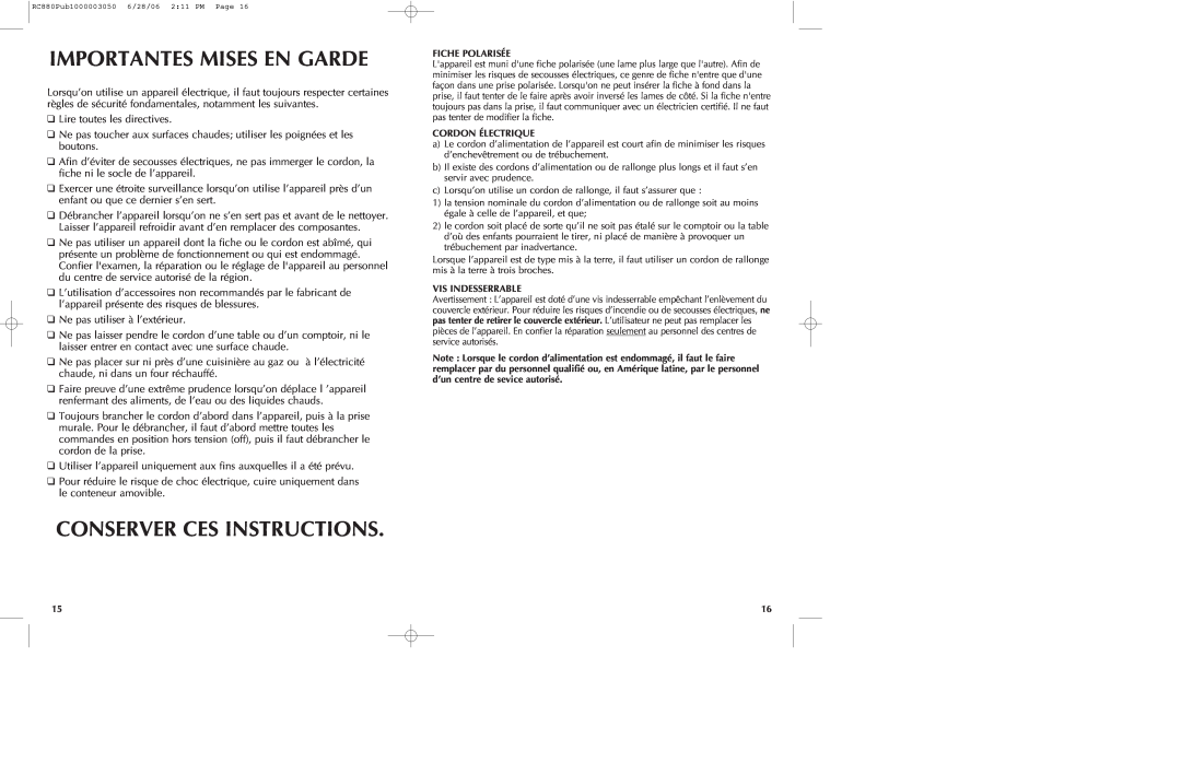 Black & Decker RC880 manual Importantes Mises En Garde, Conserver Ces Instructions 
