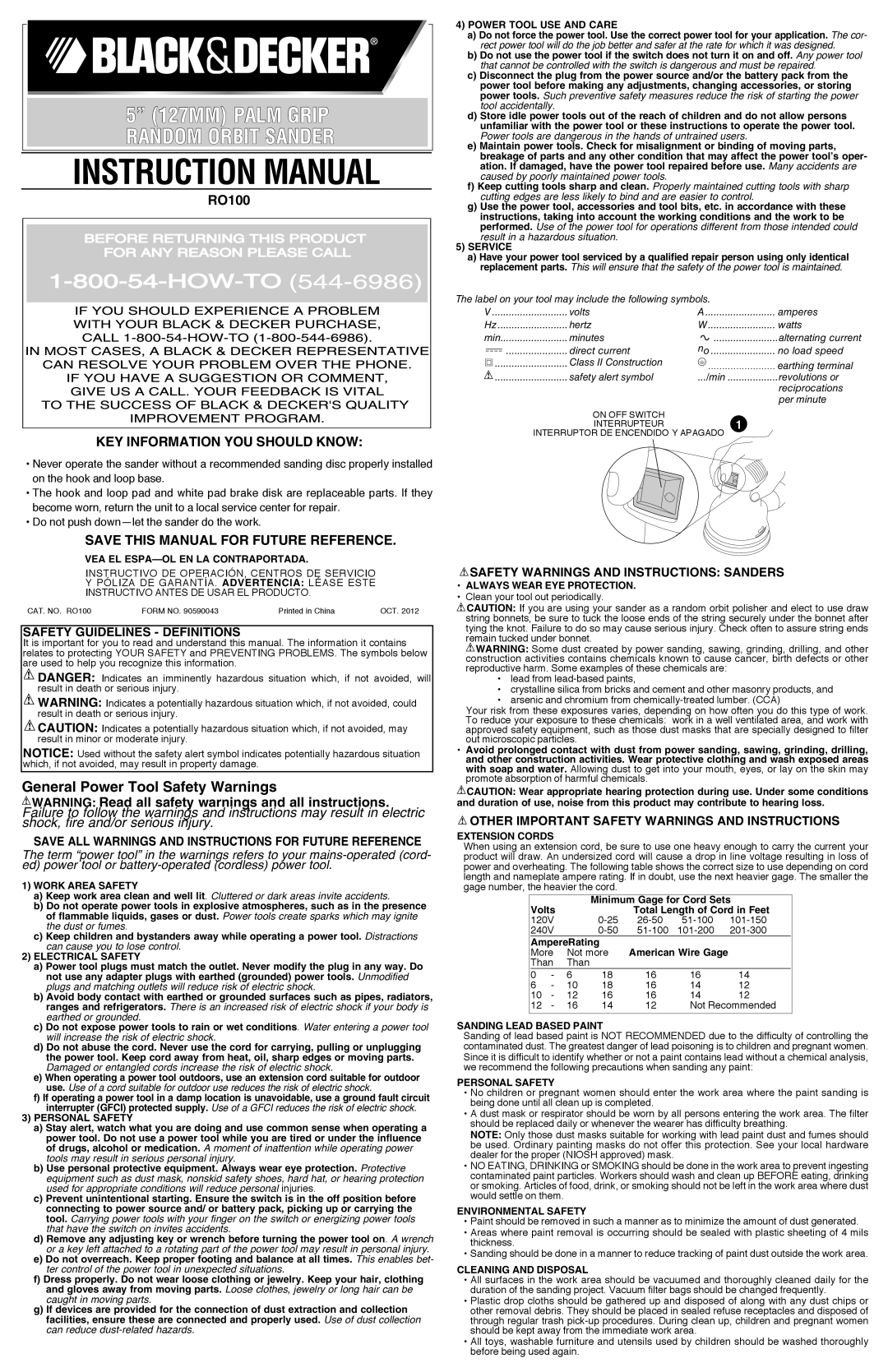 Black & Decker RO100 instruction manual Safety Guidelines Definitions, Safety Warnings and Instructions Sanders 