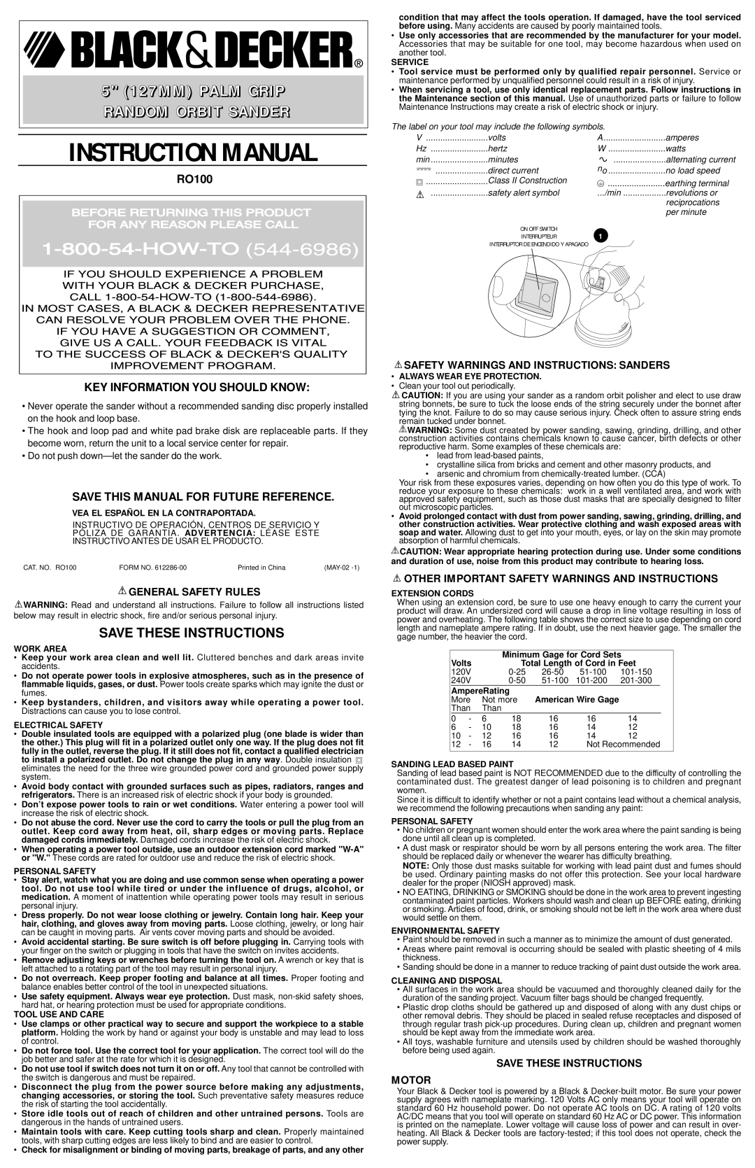 Black & Decker RO100 instruction manual General Safety Rules, Safety Warnings and Instructions Sanders, Motor 