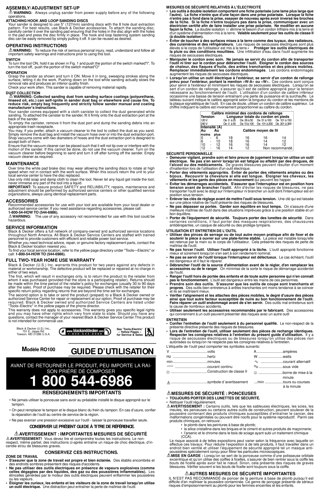 Black & Decker RO100 Assembly/Adjustment Set-Up, Operating Instructions, Maintenance, Accessories, Service Information 