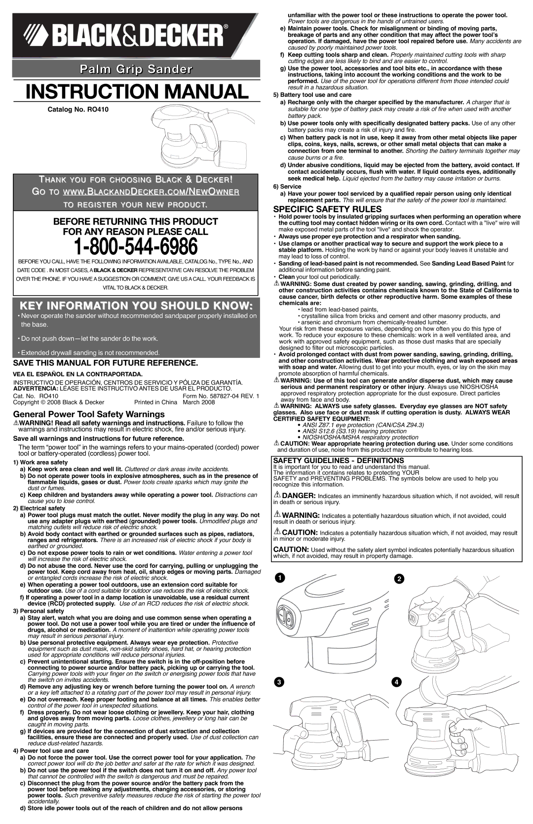 Black & Decker RO410 instruction manual General Power Tool Safety Warnings, Safety Guidelines Definitions 