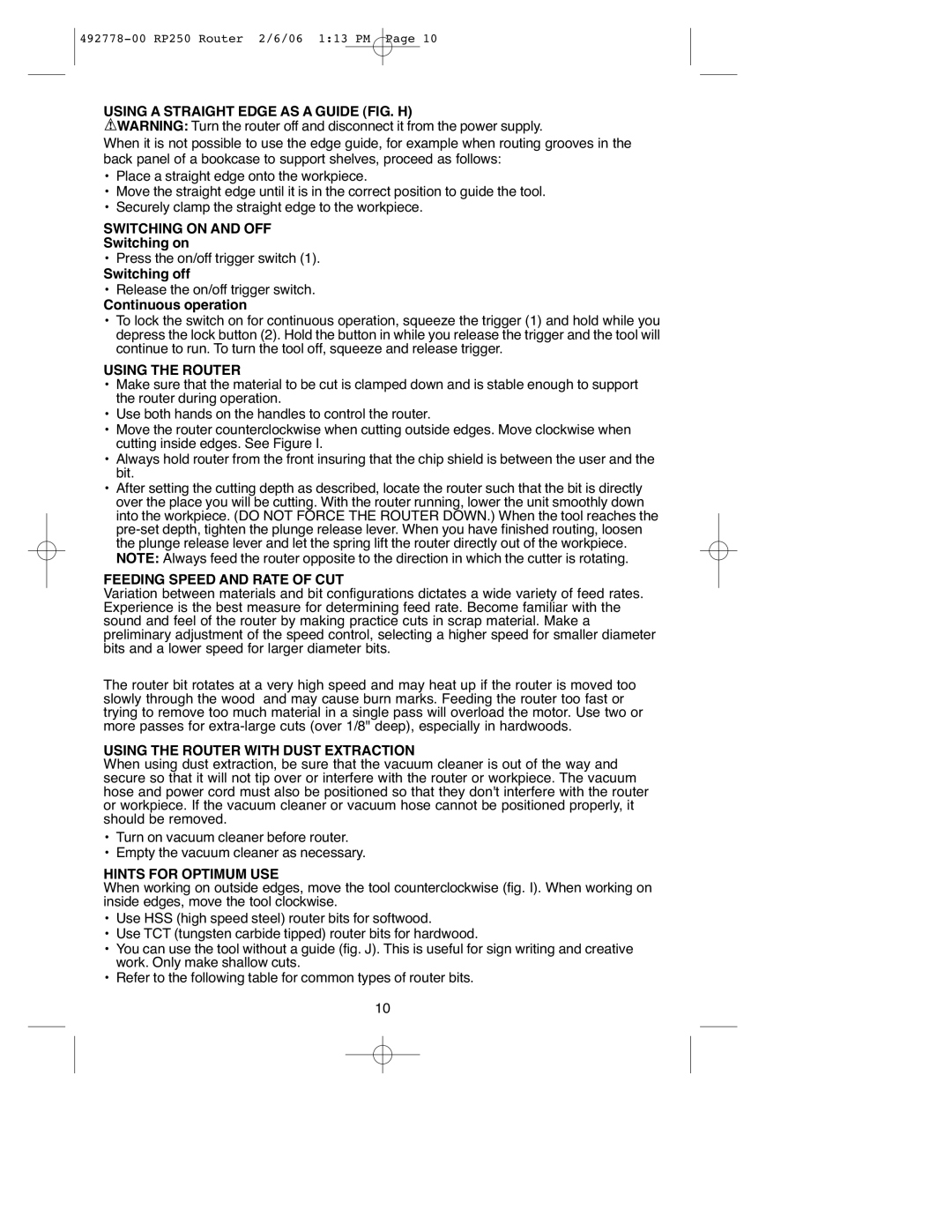 Black & Decker RP250 instruction manual Using a Straight Edge AS a Guide FIG. H, Switching on and OFF, Using the Router 