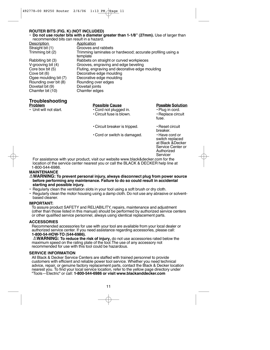 Black & Decker RP250 instruction manual Router Bits FIG. K not Included, Maintenance, Accessories, Service Information 
