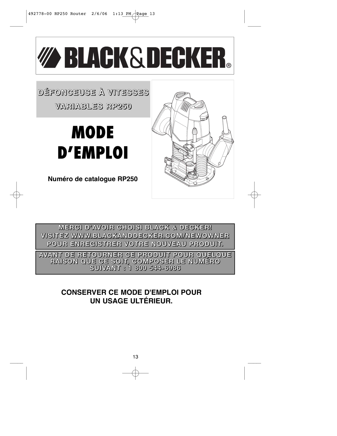 Black & Decker RP250 instruction manual Mode ’EMPLOI 