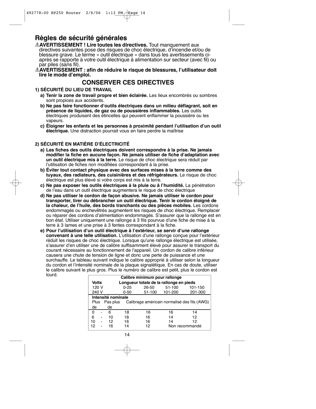 Black & Decker RP250 instruction manual Sécurité DU Lieu DE Travail, Sécurité EN Matière D’ÉLECTRICITÉ 