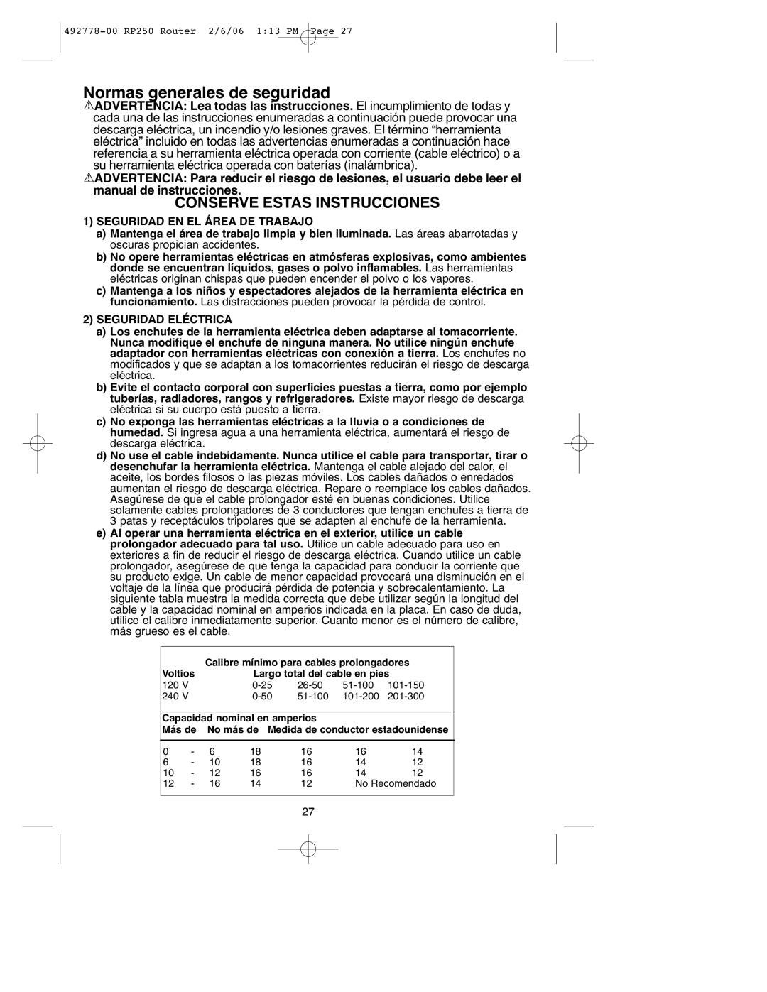 Black & Decker RP250 instruction manual Seguridad EN EL Área DE Trabajo, Seguridad Eléctrica 