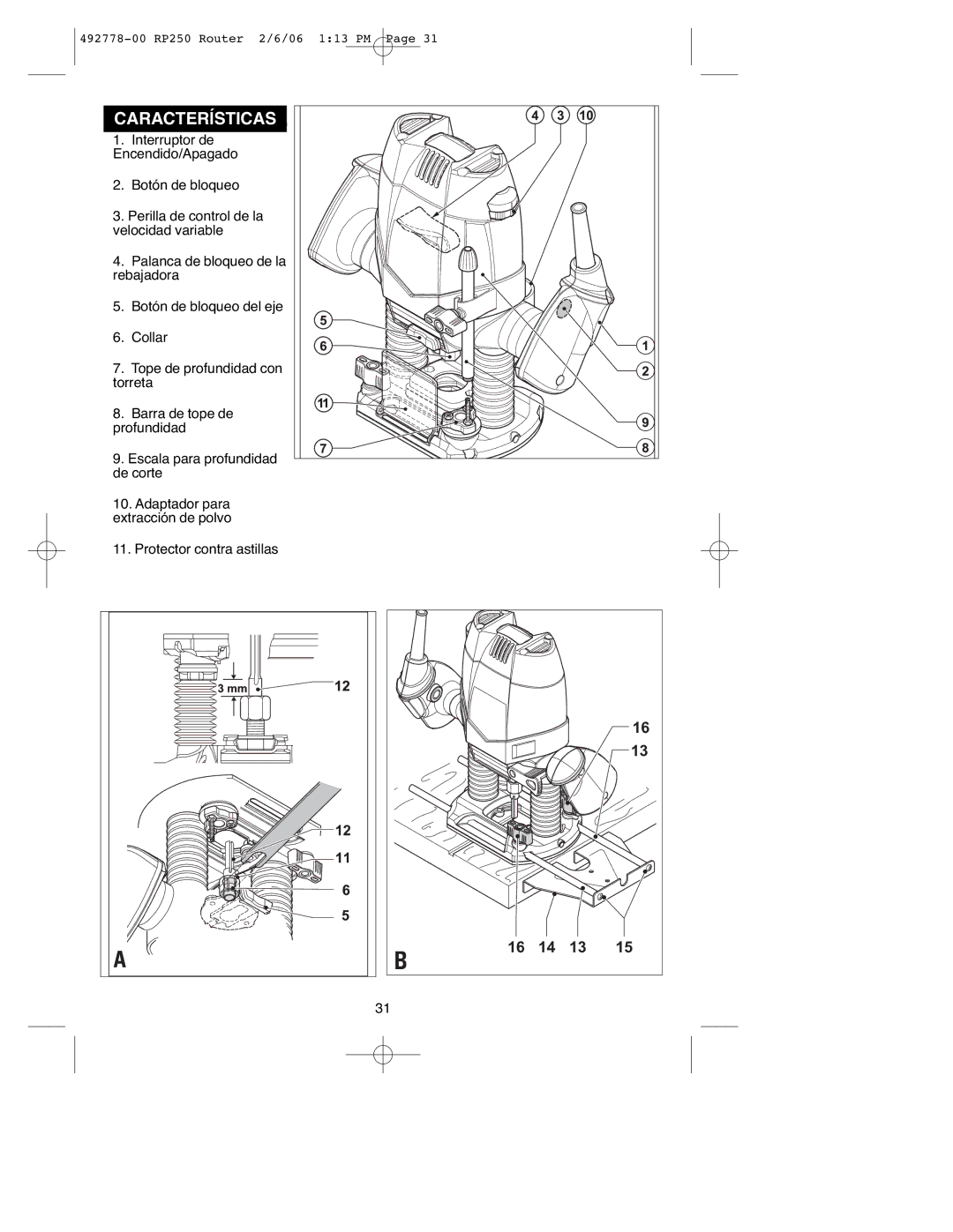 Black & Decker RP250 instruction manual Características 