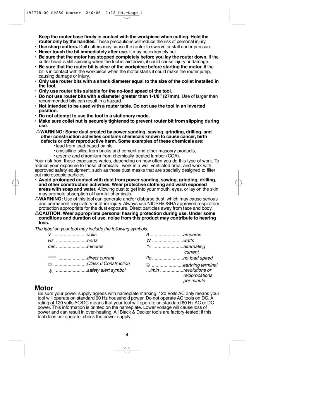 Black & Decker RP250 instruction manual Motor 