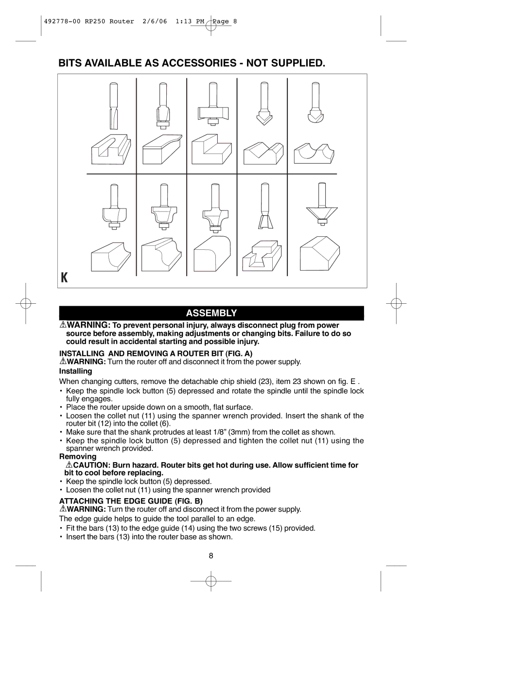 Black & Decker RP250 instruction manual Installing and Removing a Router BIT FIG. a, Attaching the Edge Guide FIG. B 