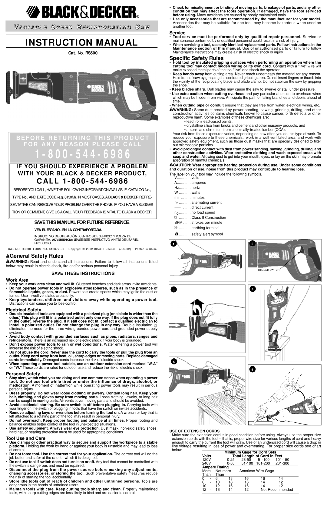 Black & Decker 612872-00 instruction manual Work Area, Electrical Safety, Personal Safety, Tool Use and Care, Service 