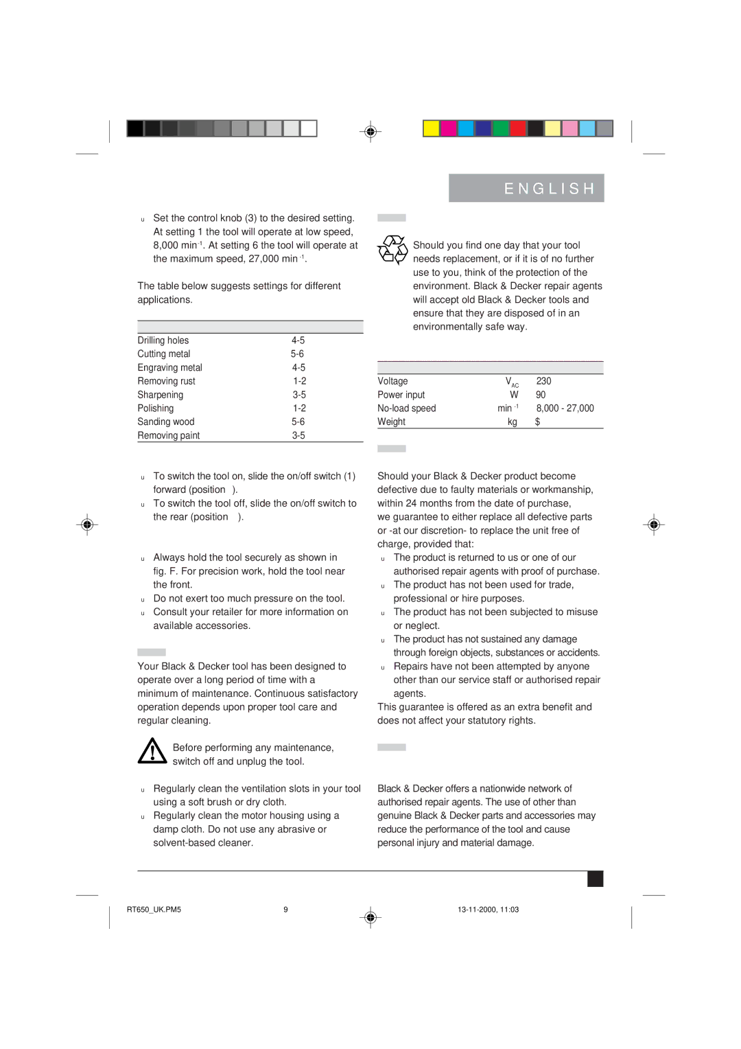 Black & Decker RT650 manual Switching on and off fig. E, Hints for optimum use, Maintenance, Protecting the Environment 