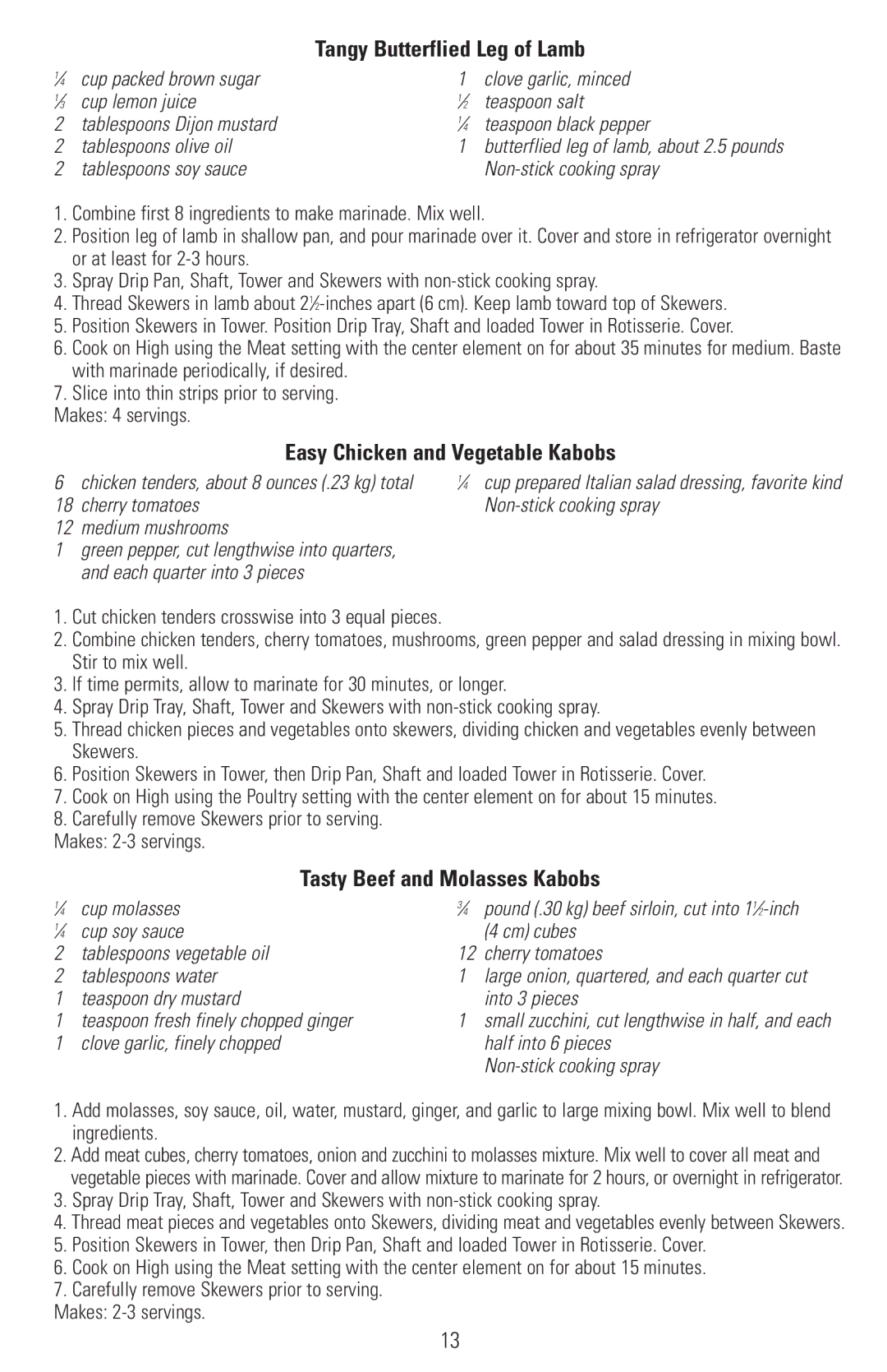 Black & Decker RTS500 Tangy Butterflied Leg of Lamb, Easy Chicken and Vegetable Kabobs, Tasty Beef and Molasses Kabobs 