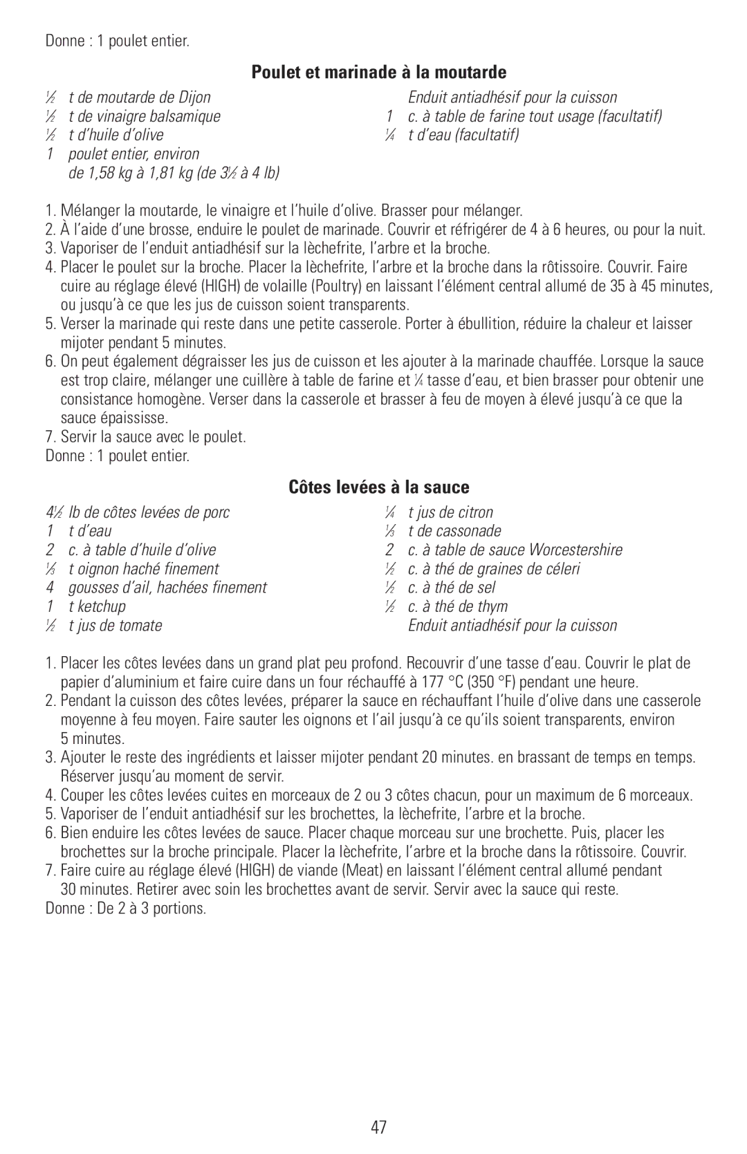 Black & Decker RTS500, RTS600 manual Poulet et marinade à la moutarde, Côtes levées à la sauce, De moutarde de Dijon 