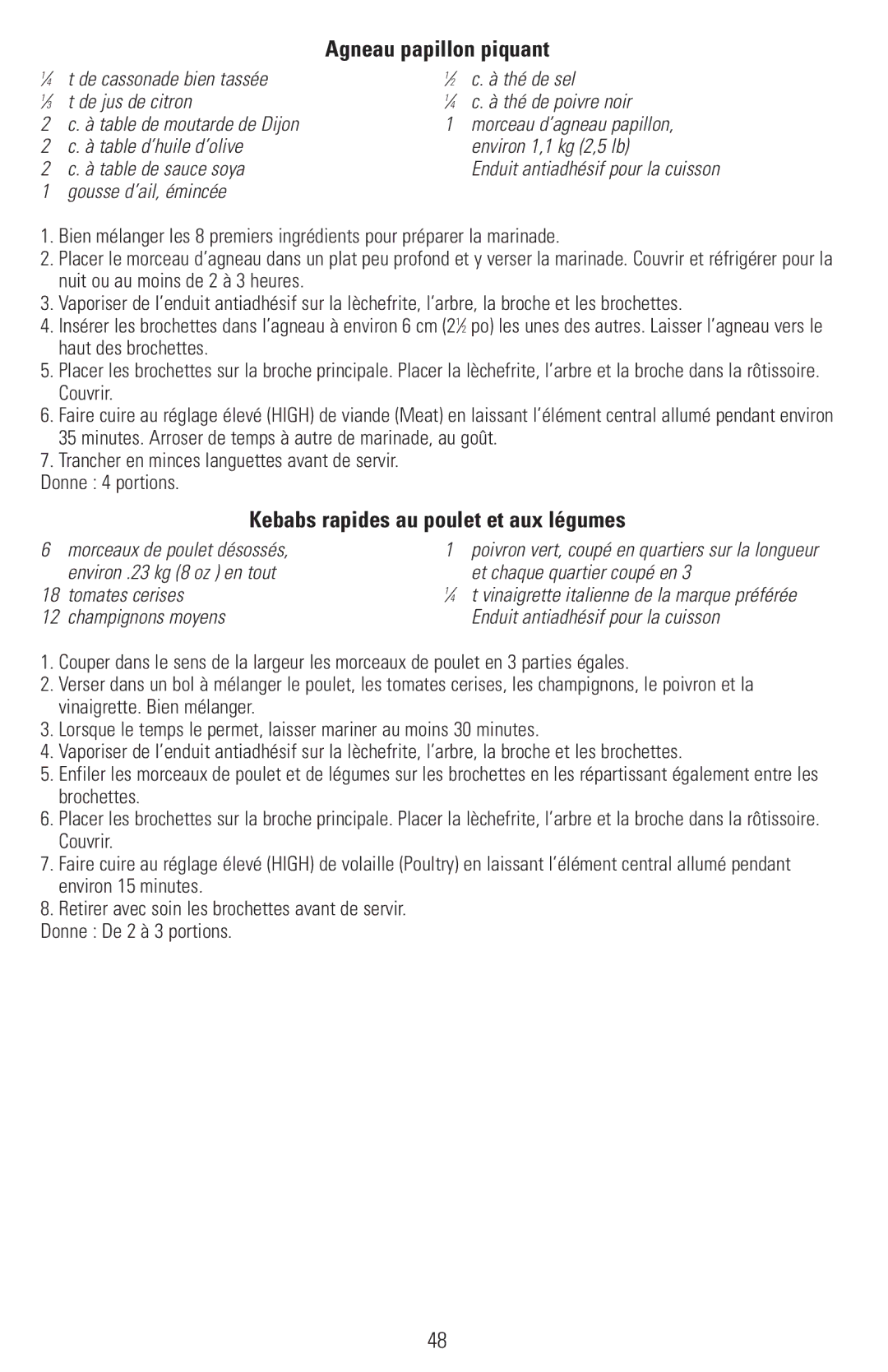 Black & Decker RTS600, RTS500 manual Agneau papillon piquant, Kebabs rapides au poulet et aux légumes, Gousse d’ail, émincée 