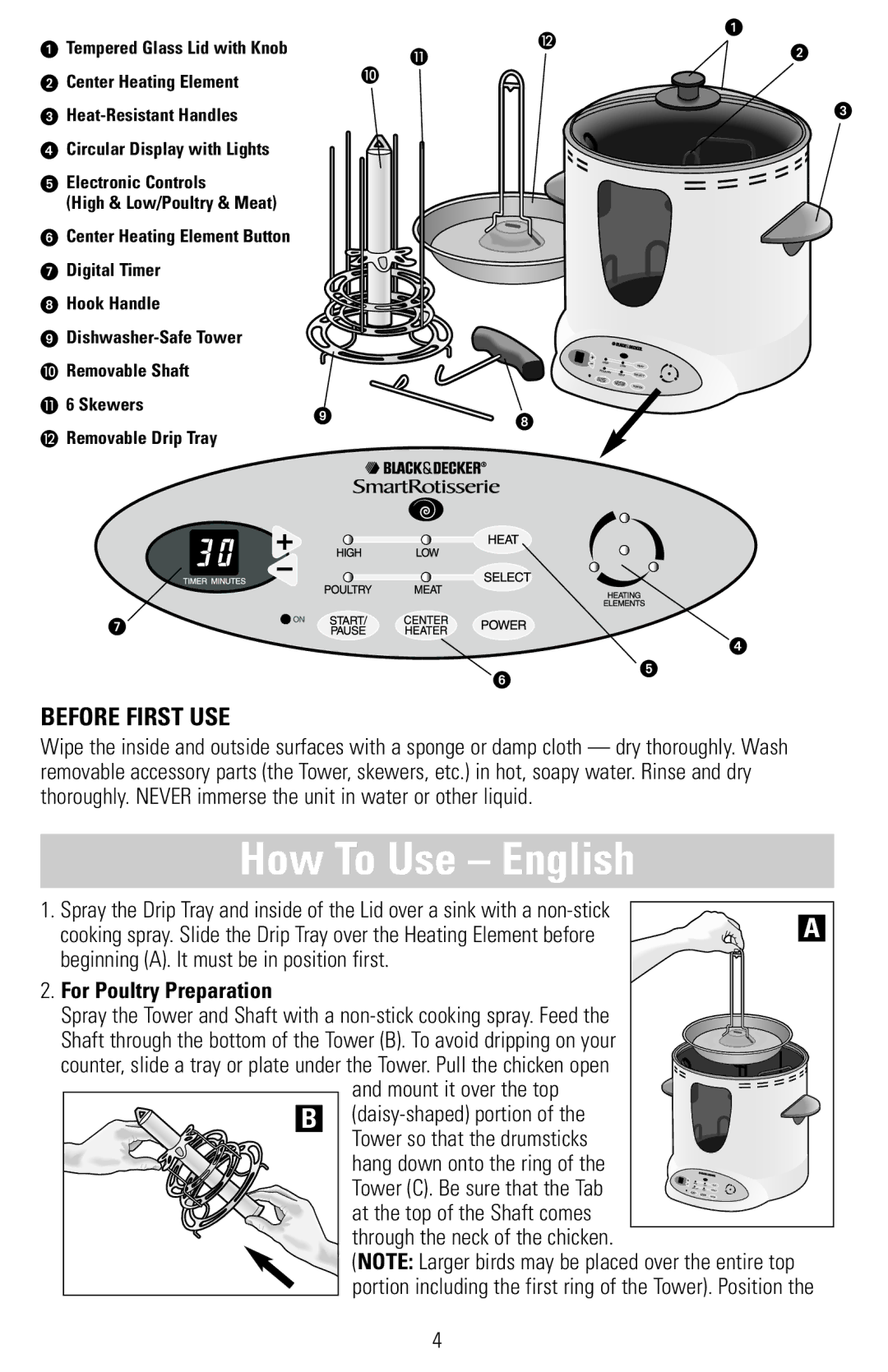 Black & Decker RTS600, RTS500 manual How To Use English, Before First USE, For Poultry Preparation 