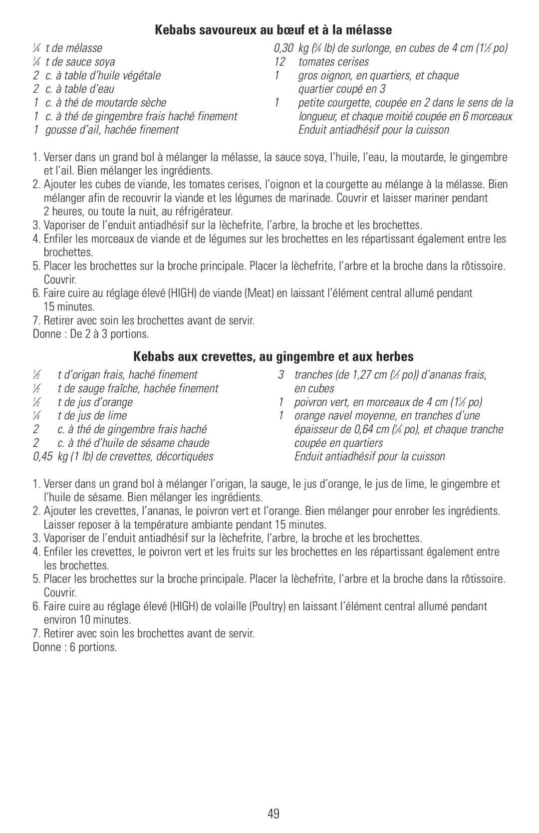 Black & Decker RTS500, RTS600 Kebabs savoureux au bœuf et à la mélasse, Kebabs aux crevettes, au gingembre et aux herbes 