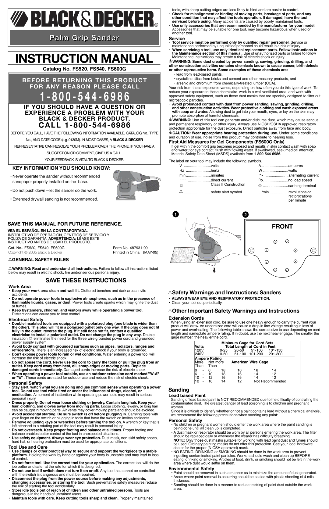 Black & Decker FS600G, S520, 487931-00 instruction manual Safety Warnings and Instructions Sanders, Sanding 