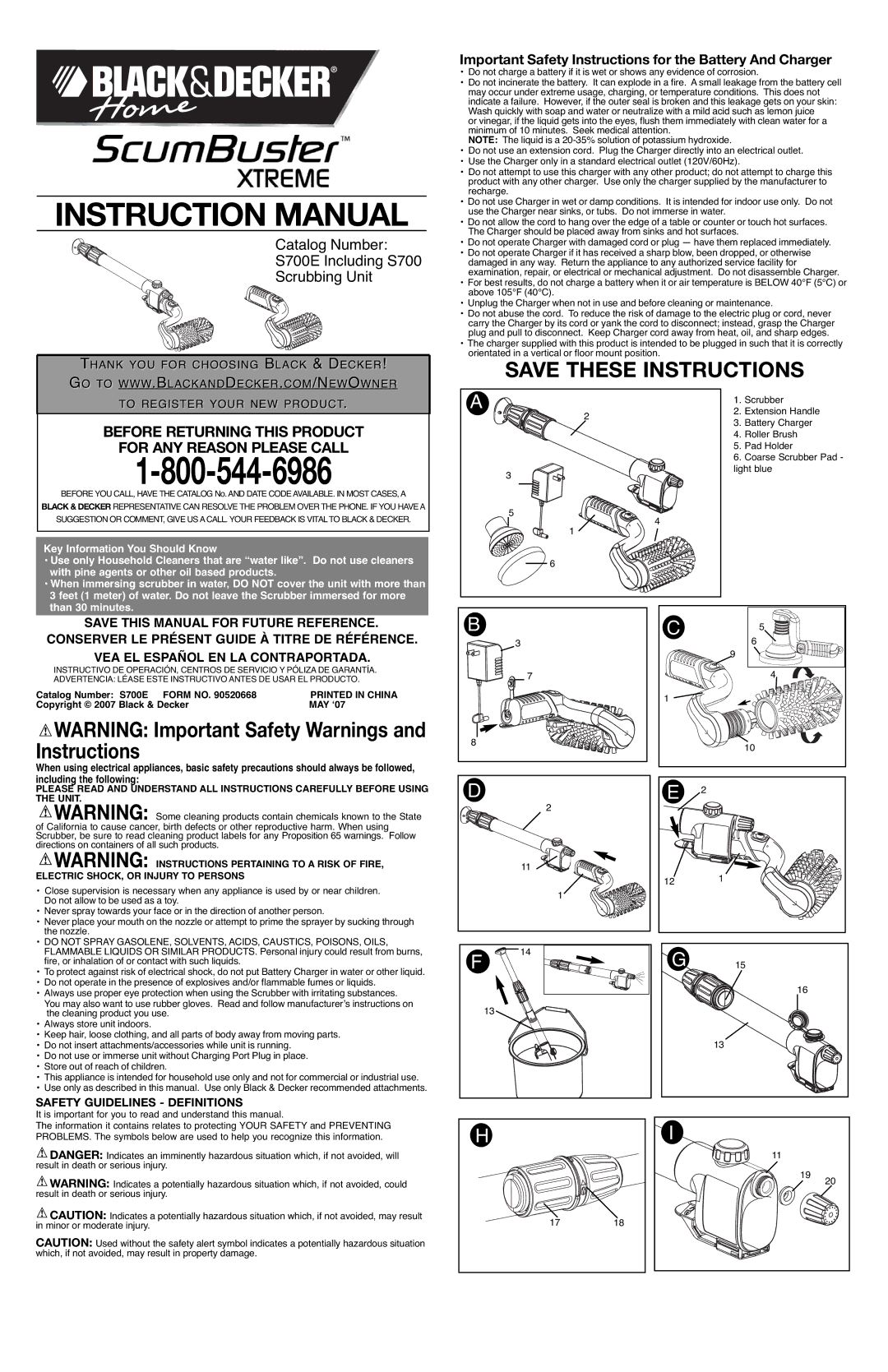 Black & Decker S700E instruction manual Before Returning this Product For ANY Reason Please Call 