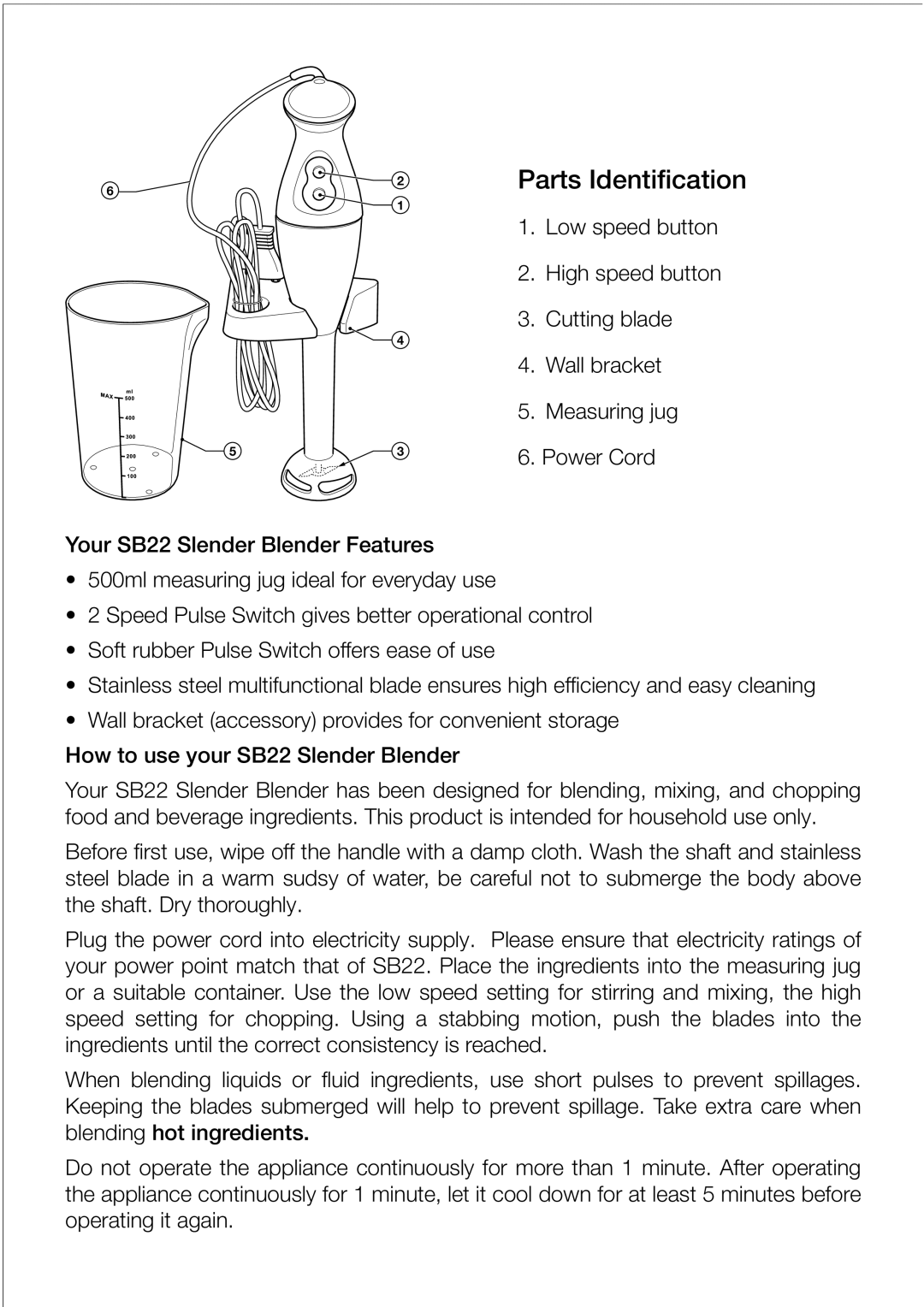 Black & Decker SB22 manual Parts Identification 