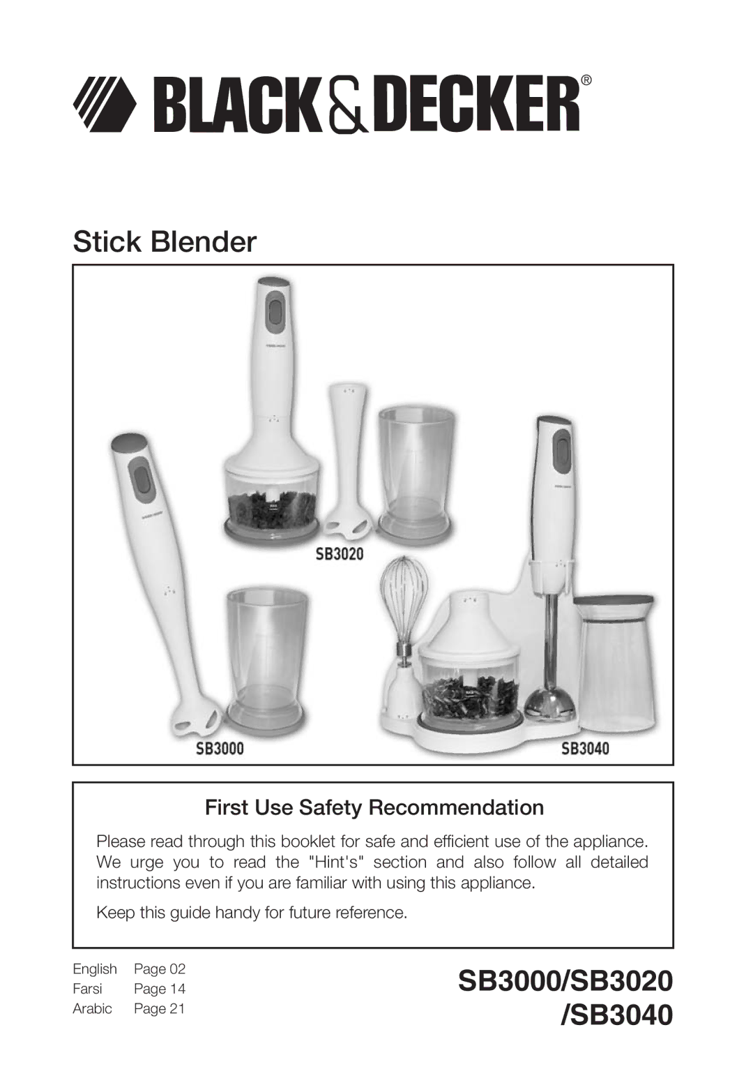 Black & Decker SB3020, SB3000, SB3040 manual Stick Blender, English Farsi Arabic 