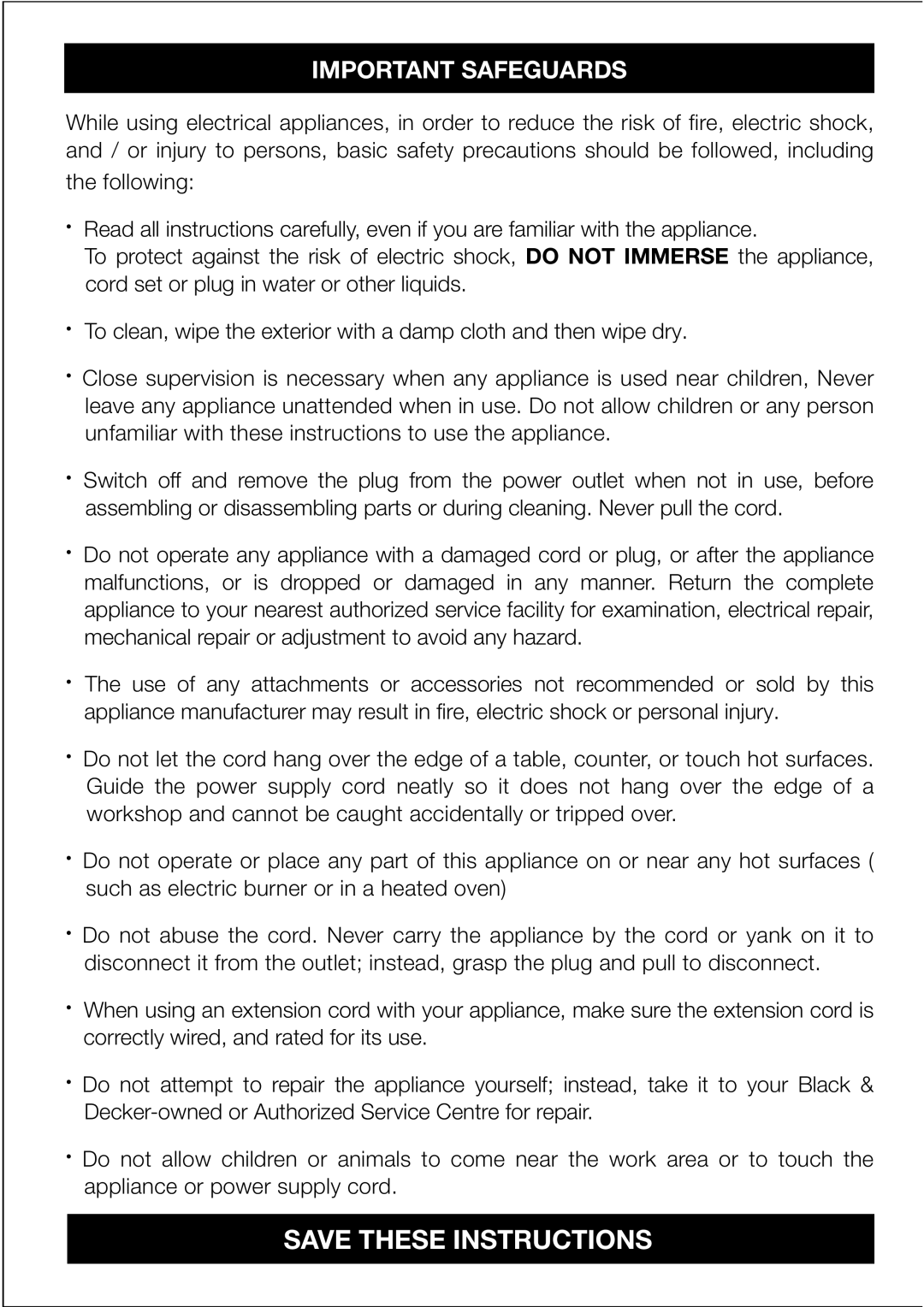 Black & Decker SB35, SB34, SB33 manual Important Safeguards 