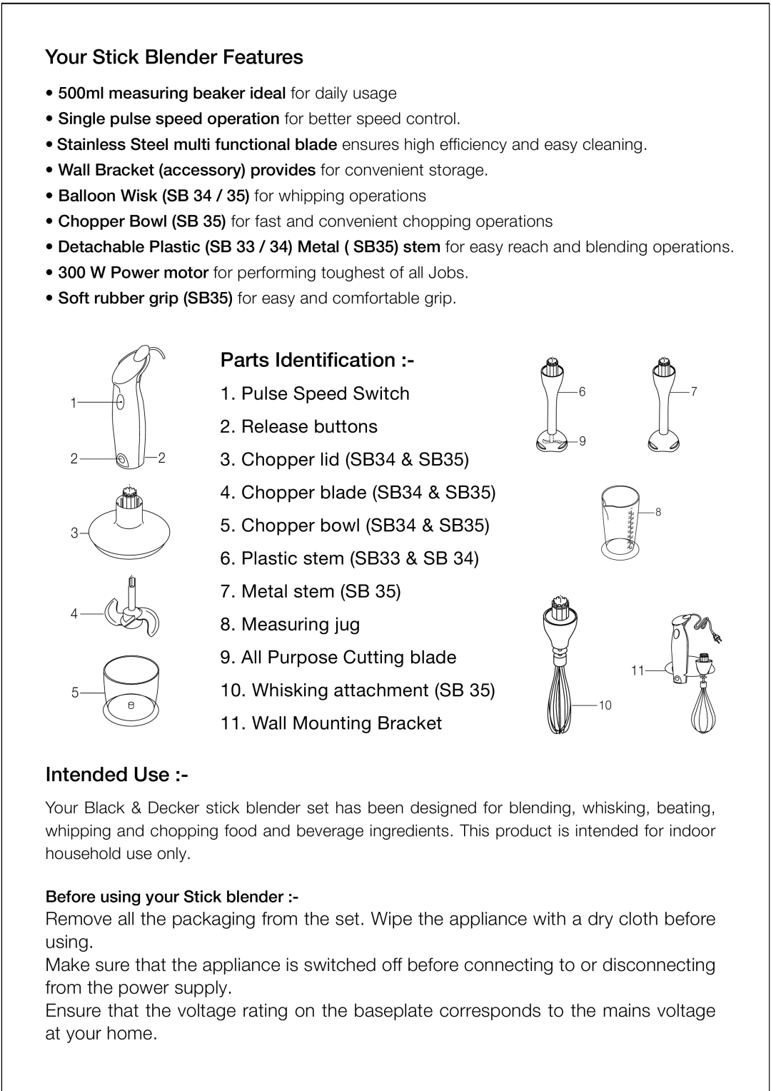 Black & Decker SB34, SB33, SB35 manual Your Stick Blender Features 