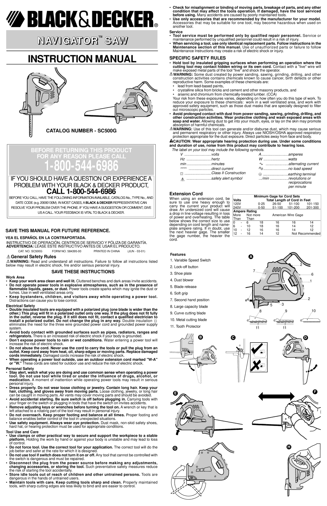 Black & Decker 584395-00 instruction manual General Safety Rules, Extension Cord, VEA EL Español EN LA Contraportada 