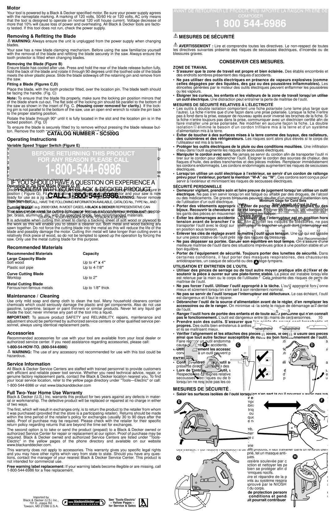 Black & Decker SC500G Motor, Removing & Refitting the Blade, Operating Instructions, Recommended Materials, Accessories 