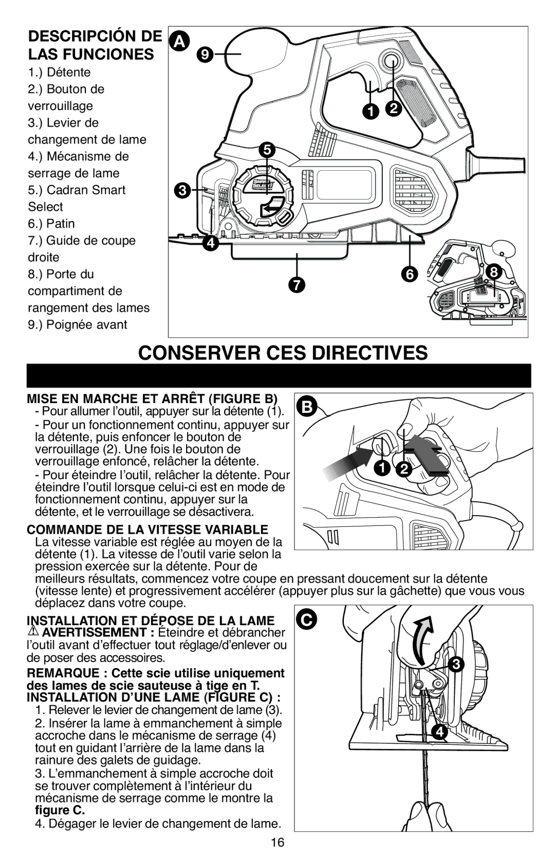 Black & Decker SCS600 Mise EN Marche ET Arrêt Figure B, Commande DE LA Vitesse Variable, Installation ET Dépose DE LA Lame 