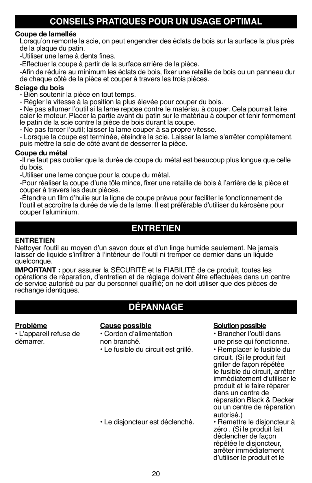 Black & Decker SCS600 instruction manual Conseils Pratiques Pour UN Usage Optimal, Coupe d métal, Entretien 